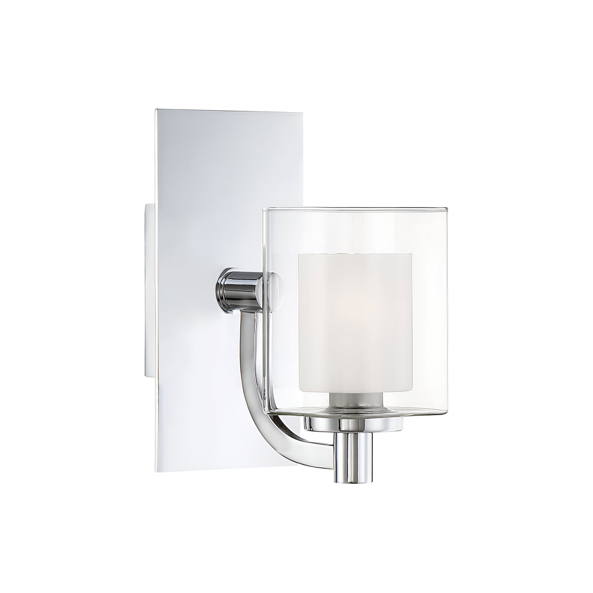 The Kolt 1 Light Wall Light in polished chrome features a clear glass cylindrical shade that envelops a frosted white bulb holder. This fixture, perfect for modern bathroom lighting, is mounted on a rectangular backplate and seamlessly combines contemporary and minimalist design elements.