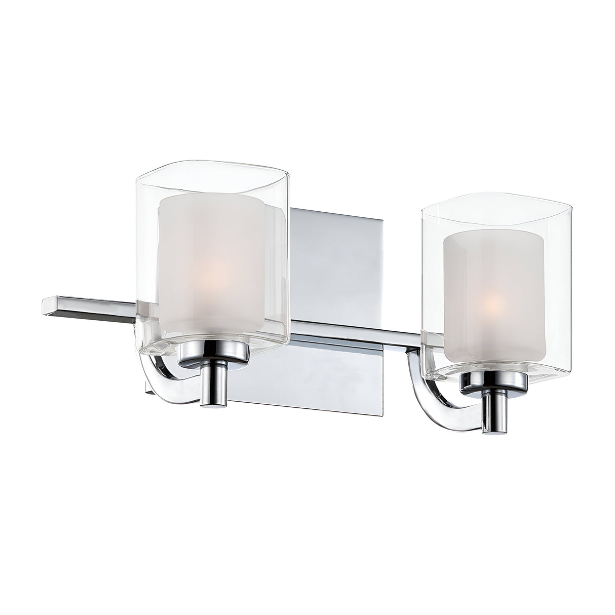 The Kolt 2 Light Wall Light in polished chrome showcases a contemporary, minimalist design with dual-layer glass shades on a sleek base. Each shade houses a lit bulb, mounted on a rectangular backplate, making it an ideal choice for bathroom lighting.