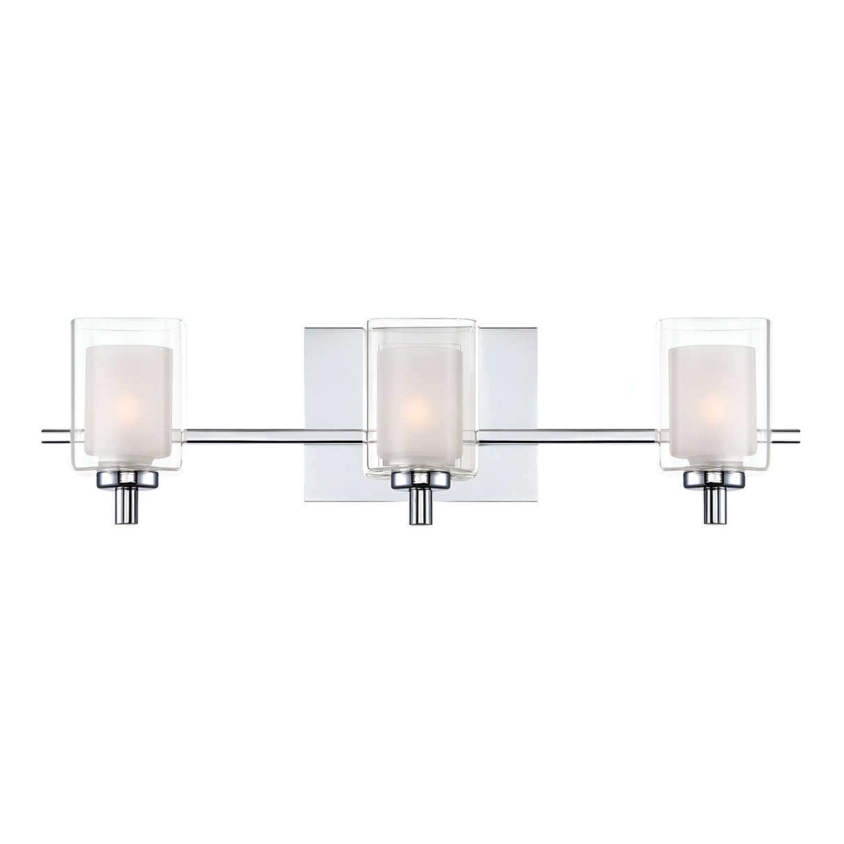 Introducing the Kolt 3 Light Wall Light - Polished Chrome, a stylish wall-mounted fixture that features three cylindrical glass shades. Each shade houses a bulb, creating an elegant and contemporary design ideal for enhancing bathroom spaces with sophisticated lighting.