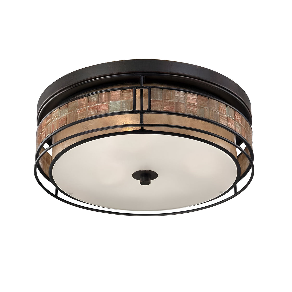 The Laguna 3 Light Large Flush - Renaissance Copper is a round ceiling light with a black metal frame. It includes a frosted glass diffuser and boasts an eye-catching mosaic tile stripe in shades of brown and beige along the rim.