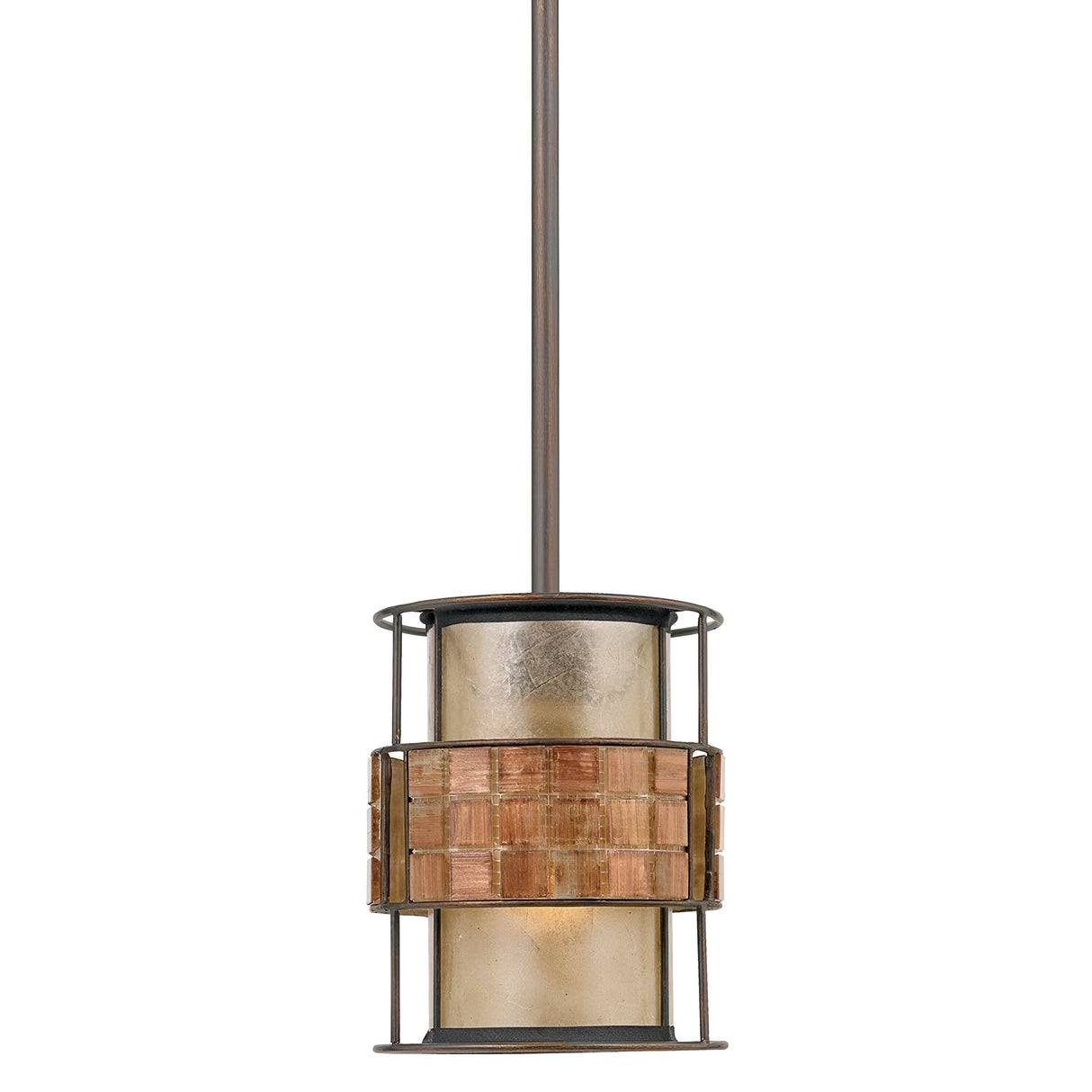 Introducing the Laguna 1 Light Mini Pendant - Renaissance Copper, a rustic fixture featuring a cylindrical design with a metal frame in Renaissance Copper and an elegant central mosaic tile stripe. Suspended from a slender rod, its shade is fashioned from frosted or textured glass, infusing any space with timeless charm.