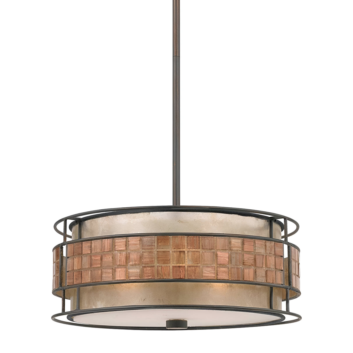 The Laguna 4 Light Chandelier - Renaissance Copper features a circular metal frame with a geometric pattern, wood-textured and frosted glass panels, all finished in Renaissance Copper for a sleek appearance. This modern hanging pendant light adds elegance to any room and is perfect for indoor décor.