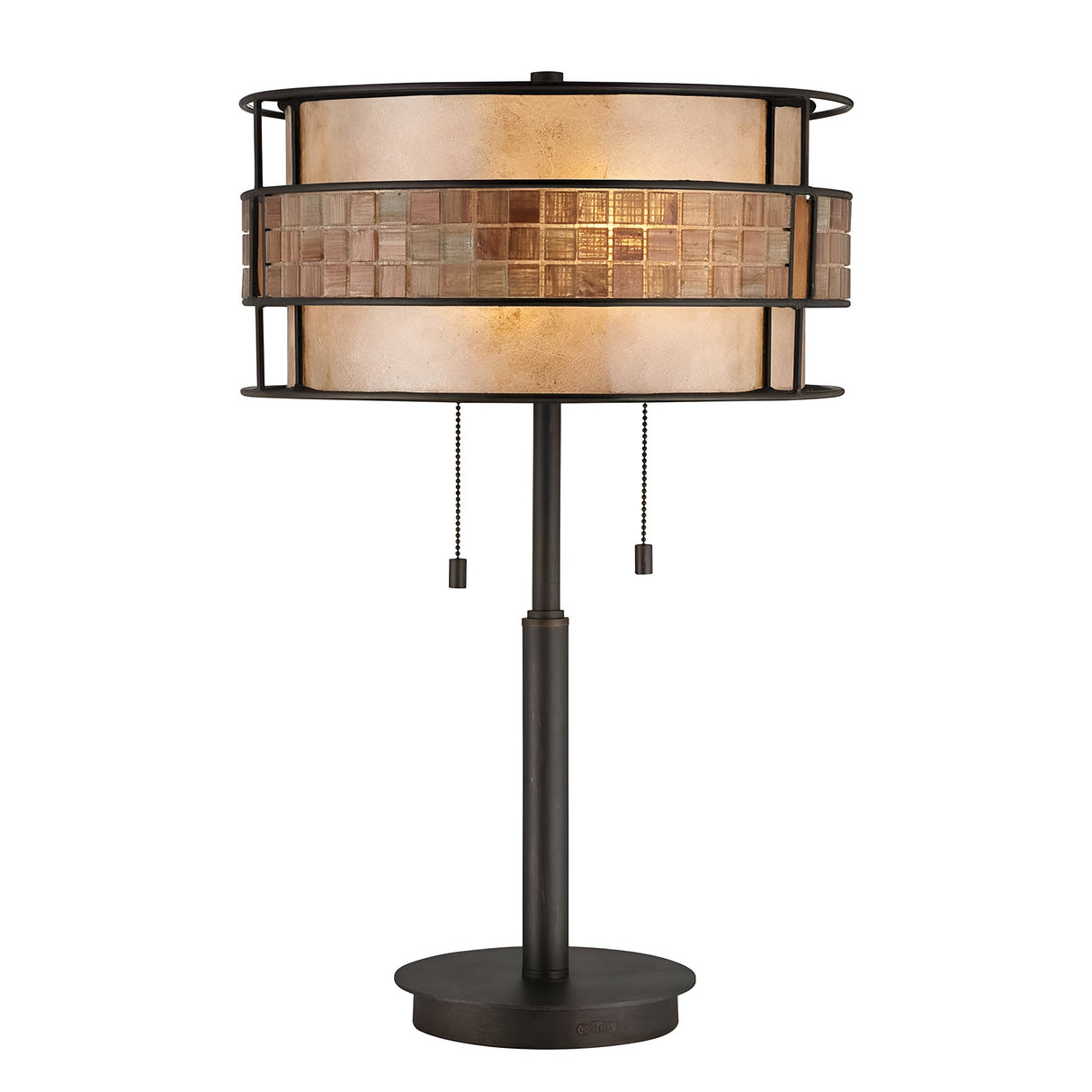 Explore the Laguna 2 Light Table Lamp - Renaissance Copper, a contemporary creation featuring a captivating cylindrical taupe mica shade with a mosaic design. Its elegant base and convenient dual pull chains bring both style and functionality, complemented by a central band of square tiles that offers an extra layer of sophistication.