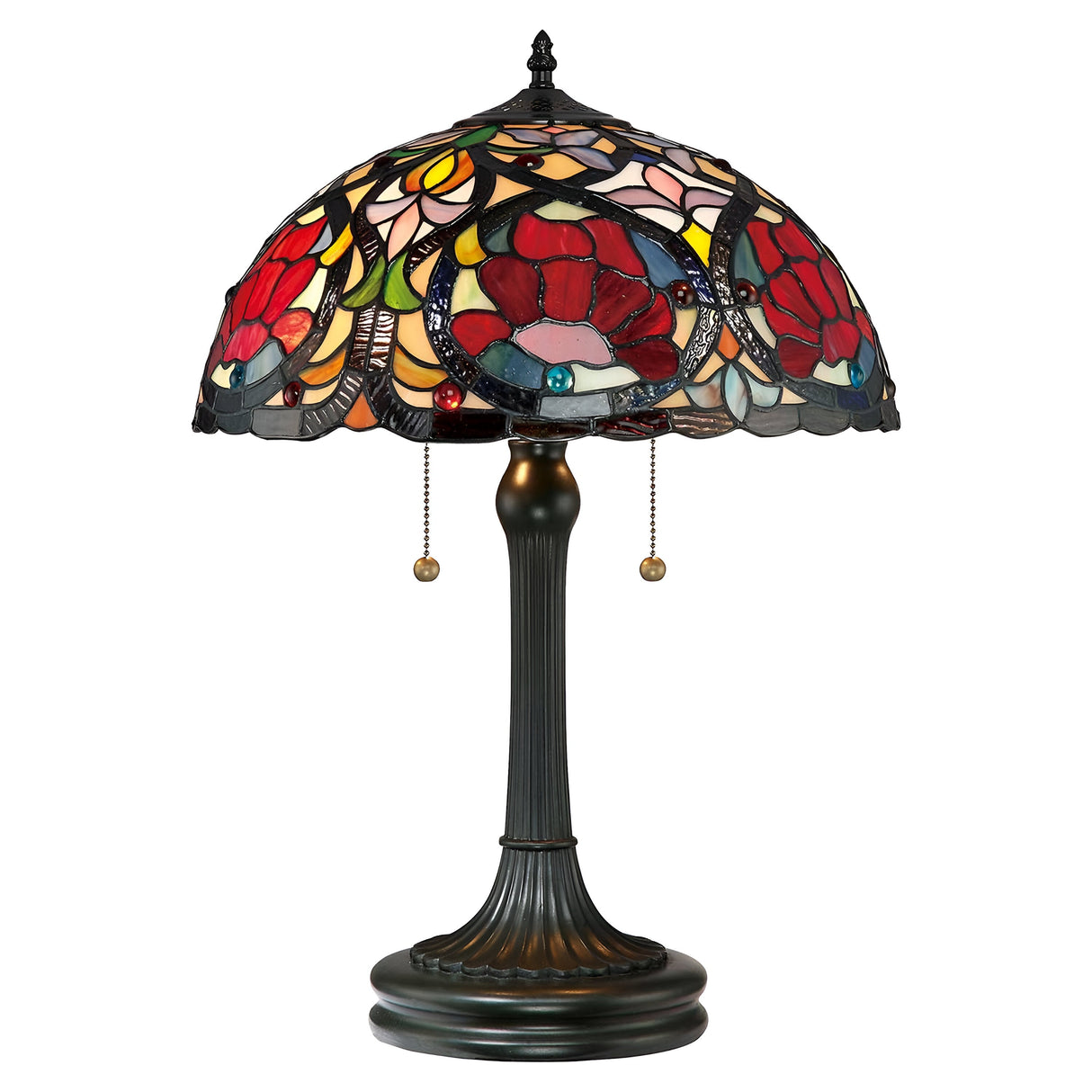 The Larissa 2 Light Tiffany Table Lamp - Vintage Bronze showcases an art glass shade adorned with a floral pattern in rich reds, greens, and blues. It features a vintage bronze base and includes two pull chains for convenient on-and-off operation.