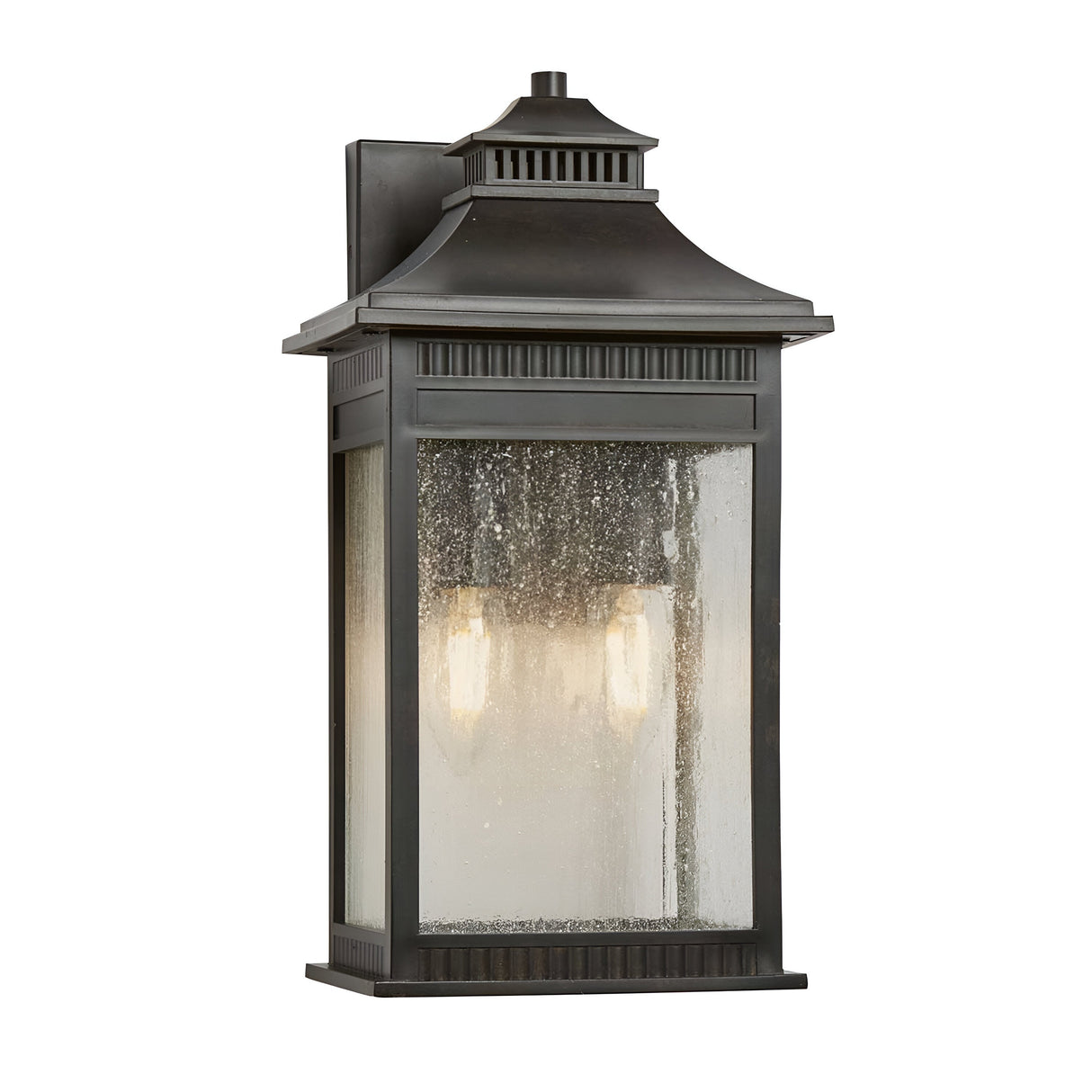 The Livingston Outdoor 2 Light Medium Wall Lantern in Imperial Bronze features a rectangular frame and a lantern-style top, with glass panels that showcase a visible bulb inside. Its weathered design lends a classic touch to the coastal aesthetic.