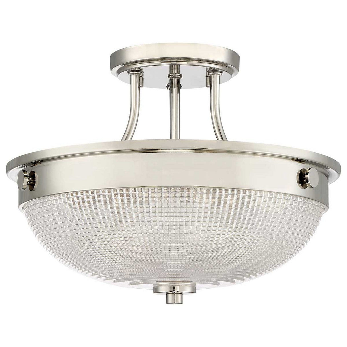 The Mantle 2 Light Semi-Flush in Imperial Silver embodies elegance with its circular frame supported by four rods and features a dome-shaped, frosted prismatic glass shade.
