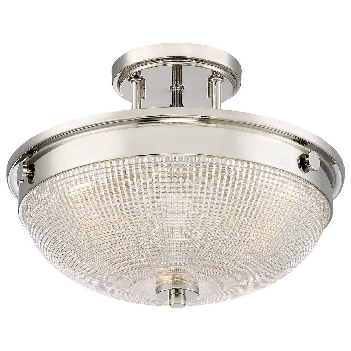 The Mantle 2 Light Semi-Flush - Imperial Silver features a prismatic glass bowl and metallic rim, elegantly suspended by two sleek metal rods that connect to the ceiling plate, exuding a modern and sophisticated look.