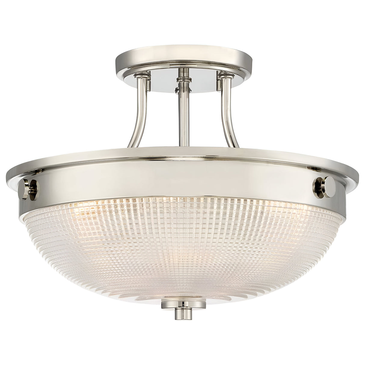 The Mantle 2 Light Semi-Flush - Imperial Silver ceiling fixture features a circular metal frame in an Imperial Silver finish, complemented by textured, prismatic glass. Its modern elegance is heightened by simple support arms and a sophisticated brushed nickel finish.