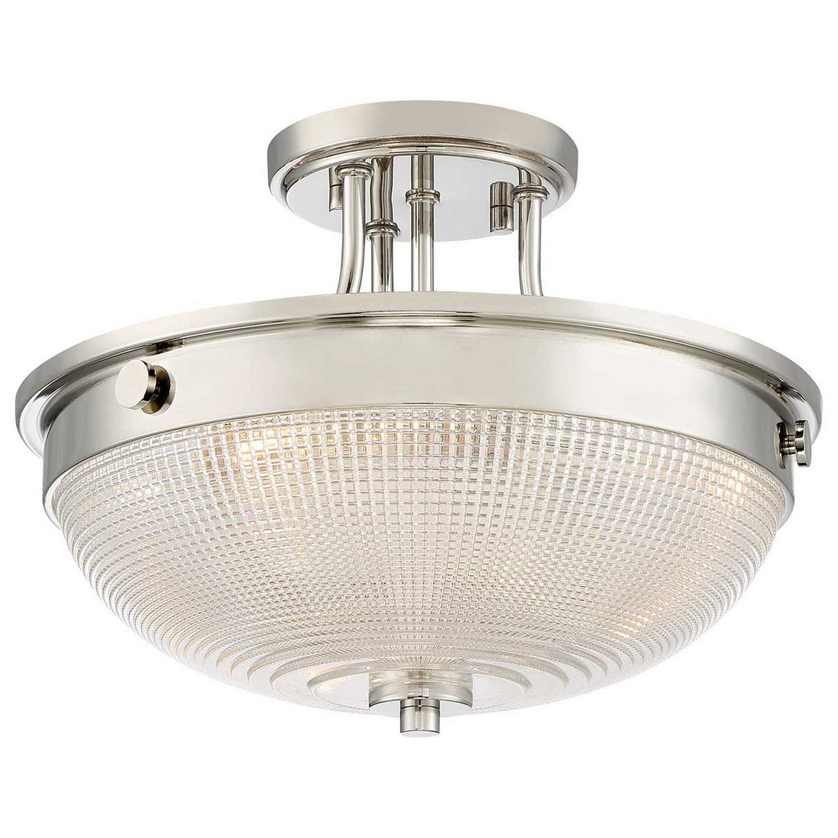 A contemporary round ceiling light fixture boasting a polished Imperial Silver frame and a prismatic glass diffuser, enhanced by sleek connecting rods and a circular base similar to the Mantle 2 Light Semi-Flush - Imperial Silver, exuding elegance and modernity.