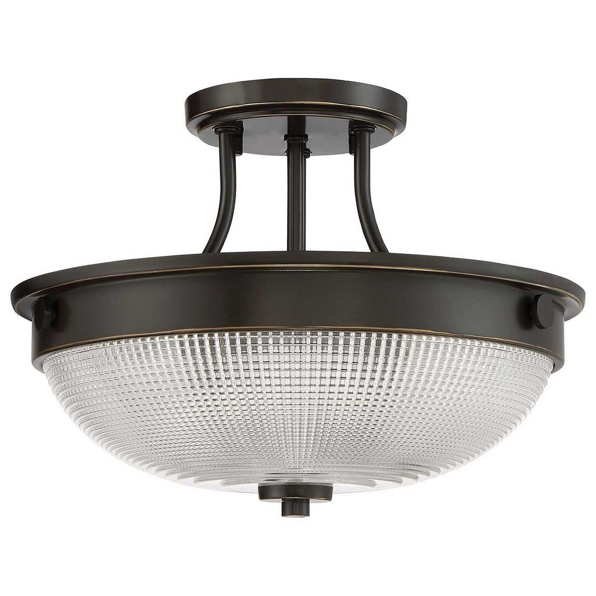 The Mantle 2 Light Semi-Flush in Palladian Bronze showcases an elegant prismatic glass dome, combining a round, ribbed glass shade with a circular base supported by three rods to beautifully balance classic and modern styles.