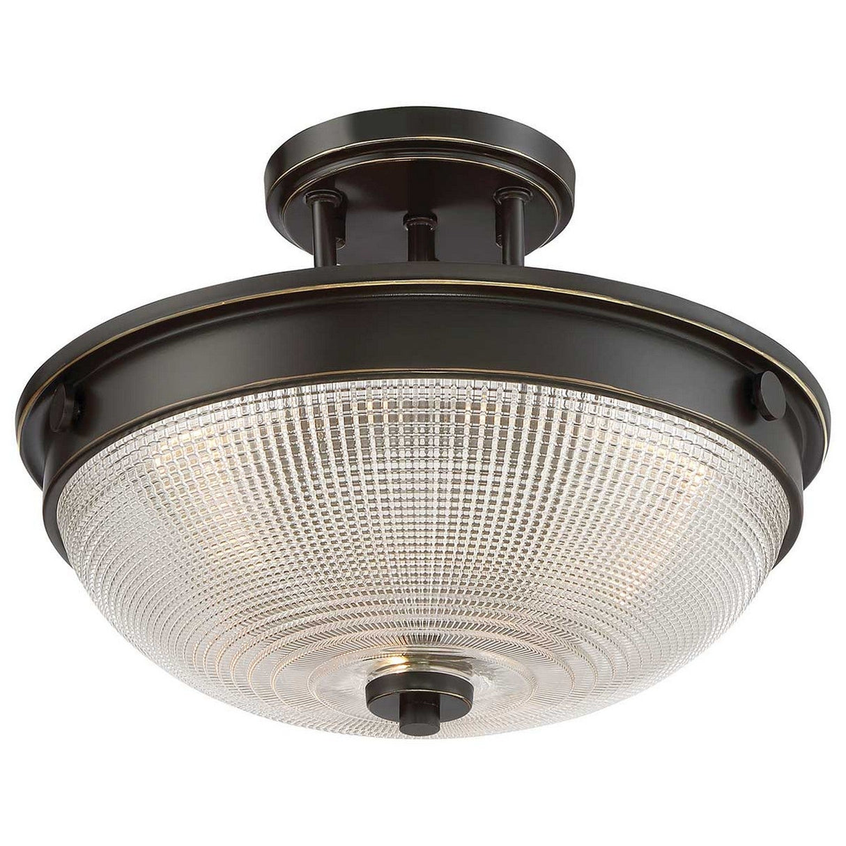 The Mantle 2 Light Semi-Flush in Palladian Bronze is a round ceiling light with a prismatic glass dome, embodying a classic and elegant design.