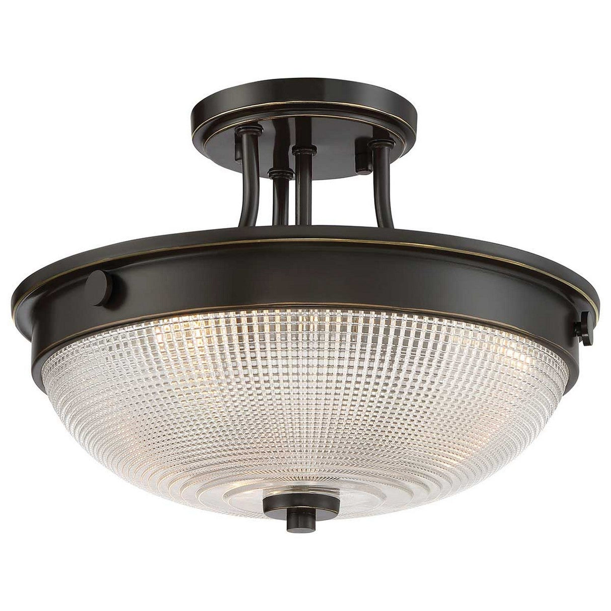 The Mantle 2 Light Semi-Flush in Palladian Bronze is a round ceiling fixture featuring a prismatic glass dome with a textured, grid-like pattern. It is supported by three rods connected to a circular base.