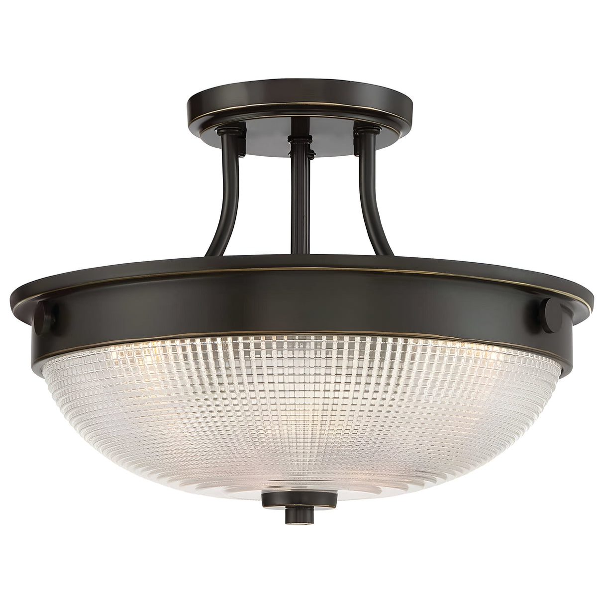 Introducing the Mantle 2 Light Semi-Flush in Palladian Bronze—a ceiling light fixture featuring a round, prismatic glass dome. This design showcases a classic semi-flush fixture with a simple yet elegant style.
