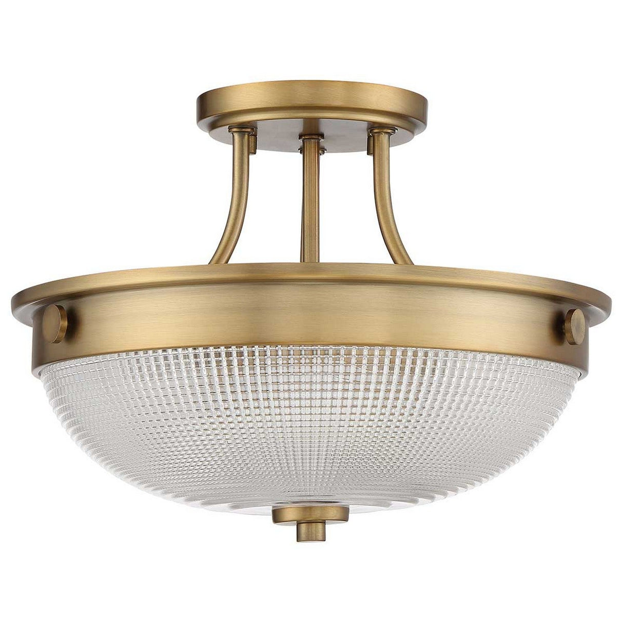 The Mantle 2 Light Semi-Flush in weathered brass is a ceiling light featuring a textured glass bowl. Its design includes elegant curves and a modern aesthetic, making it perfect for adding a touch of sophistication to any room.