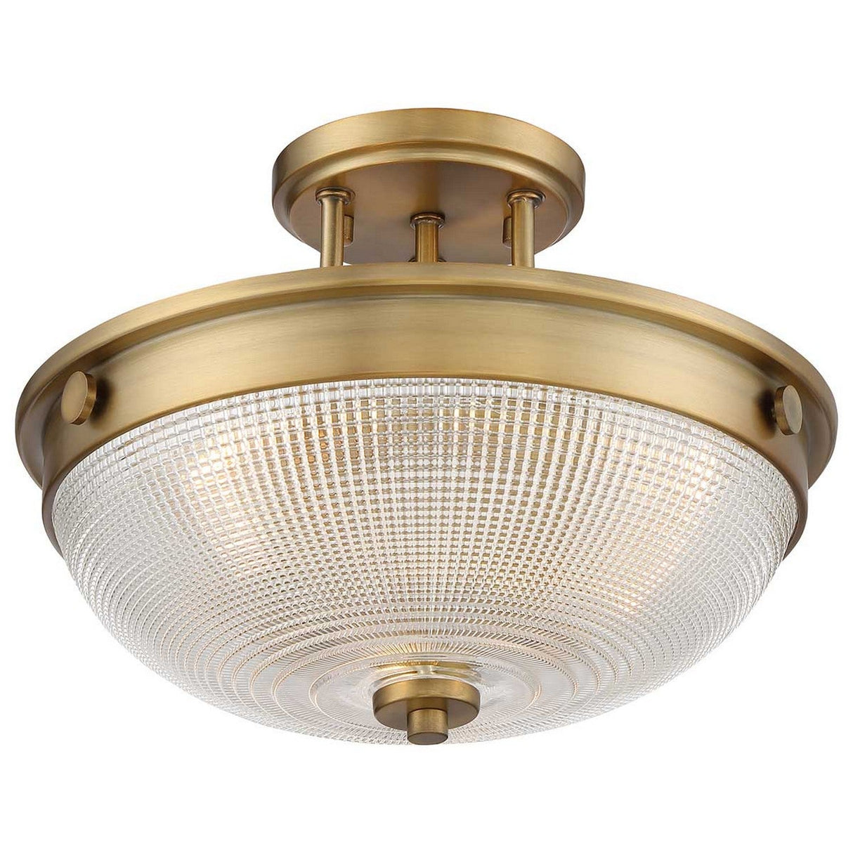 The Mantle 2 Light Semi-Flush in weathered brass showcases a round, prismatic glass shade, offering an elegant design with classic charm and a warm metallic finish that's perfect for enhancing indoor spaces.