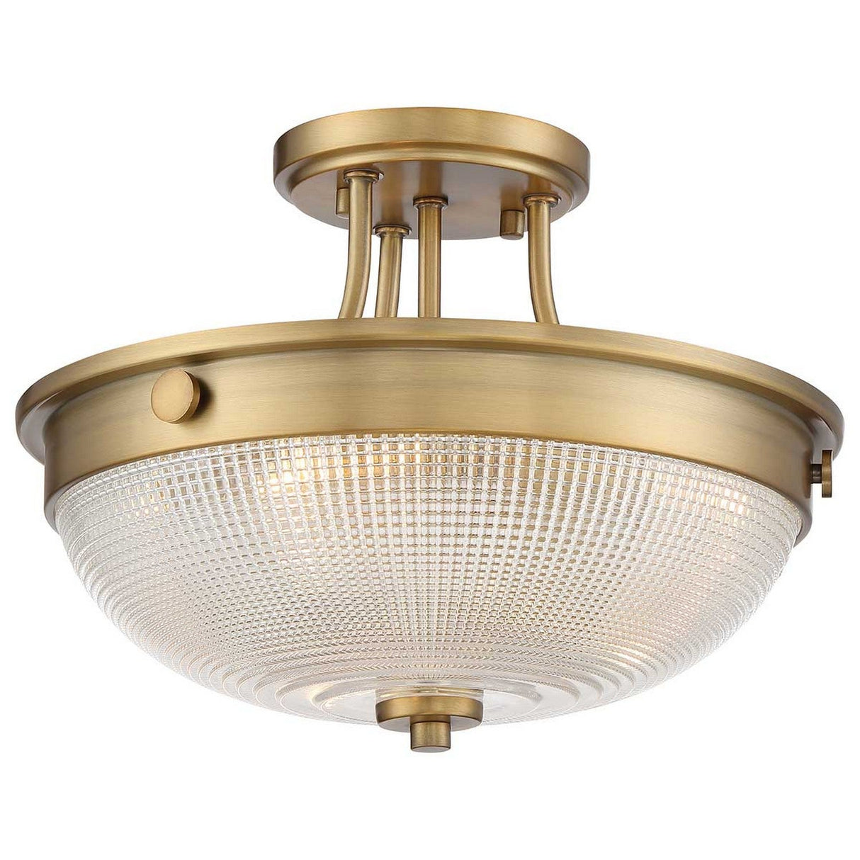 Mantle 2 Light Semi-Flush - Weathered Brass features a prismatic glass dome connected to the circular base by four metal rods, delivering a sophisticated design. The intricate prismatic surface softly diffuses light, enhancing the fixture's elegant aesthetic.