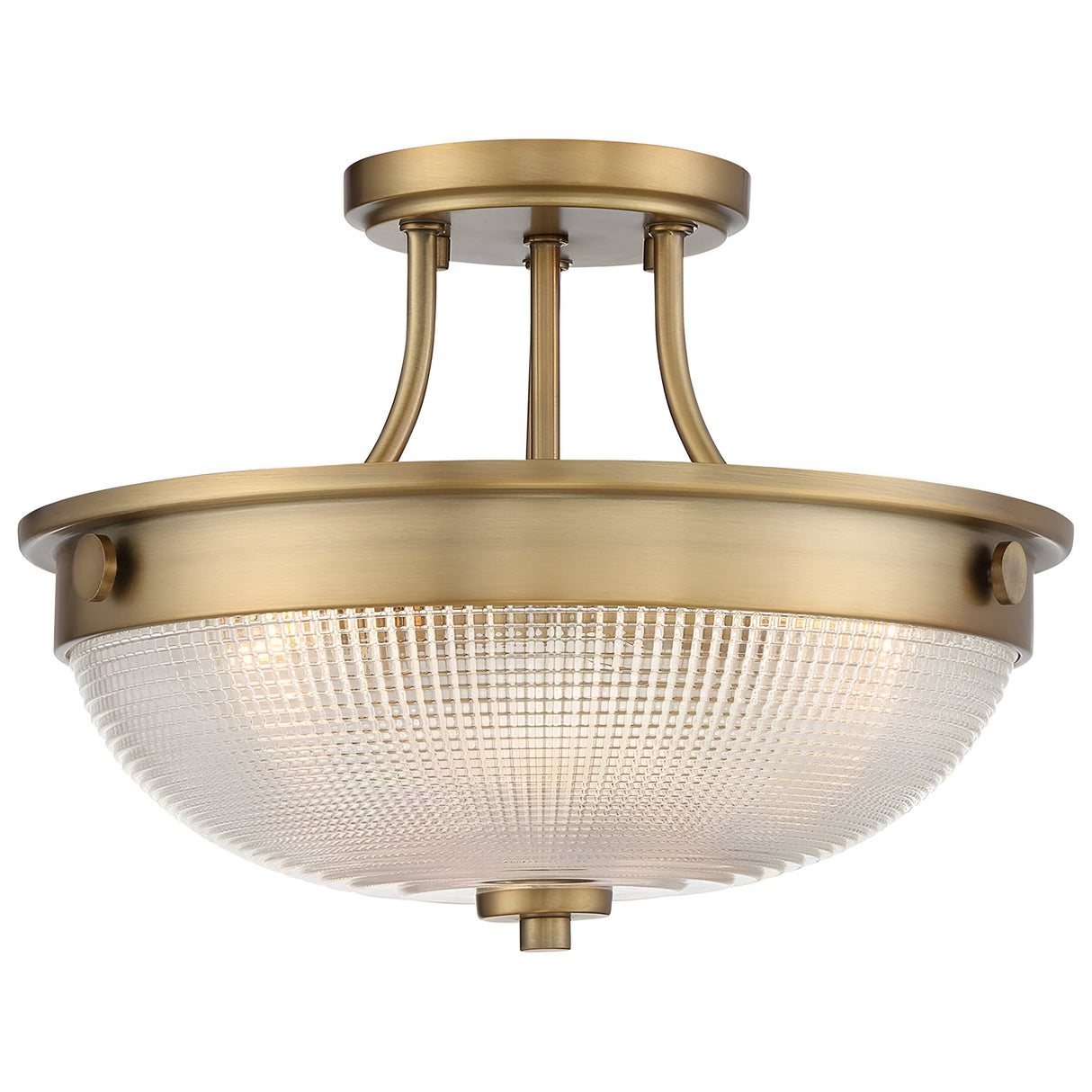The Mantle 2 Light Semi-Flush - Weathered Brass features a round, prismatic glass shade and a weathered brass frame with a classic design, accented by a warm gold finish that enhances its elegant and timeless appeal.