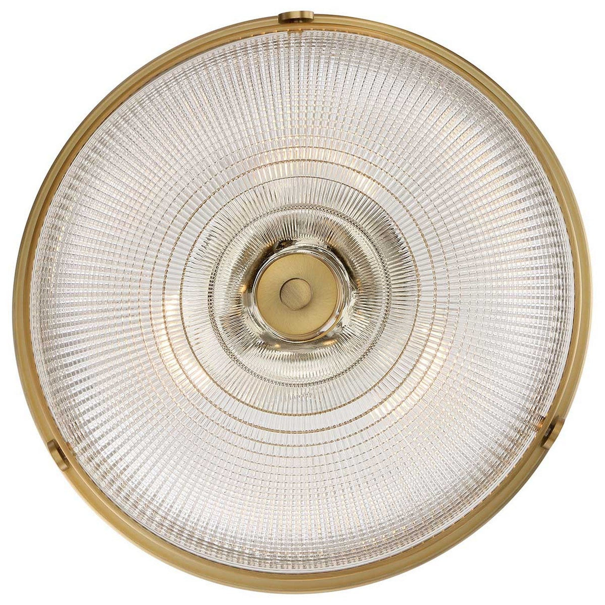 The Mantle 2 Light Semi-Flush in weathered brass showcases a round, textured design with a weathered brass rim complemented by concentric circular motifs. Its central circular structure, paired with prismatic glass components, imparts a retro, industrial aesthetic.
