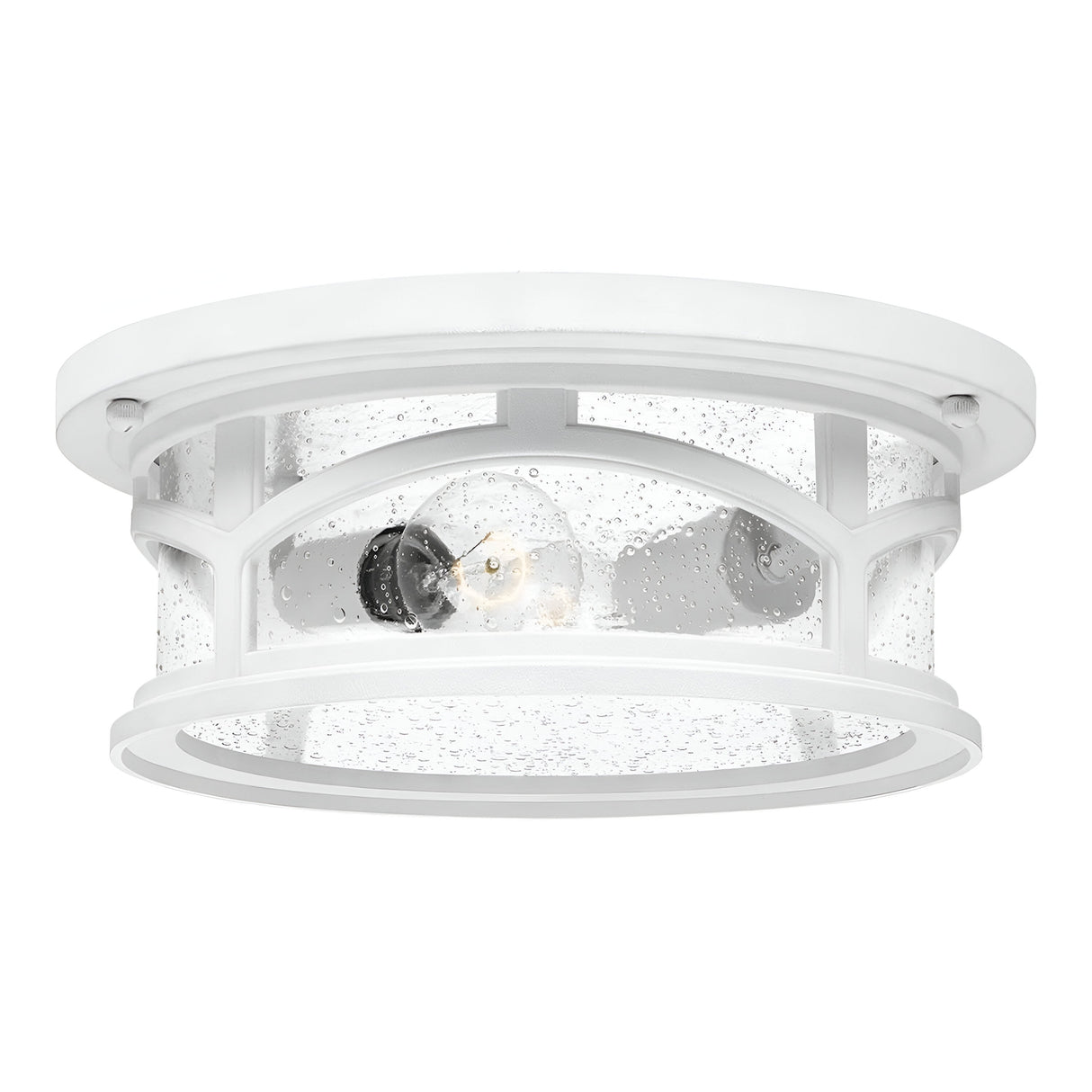 Introducing the Marblehead Outdoor 2 Light Flush - White, a modern ceiling light fixture characterized by its white, round design. It features a transparent glass cover with small air bubbles and is designed to be flush mounted. The metal frame houses two visible bulbs, creating a chic and contemporary look ideal for modern spaces.