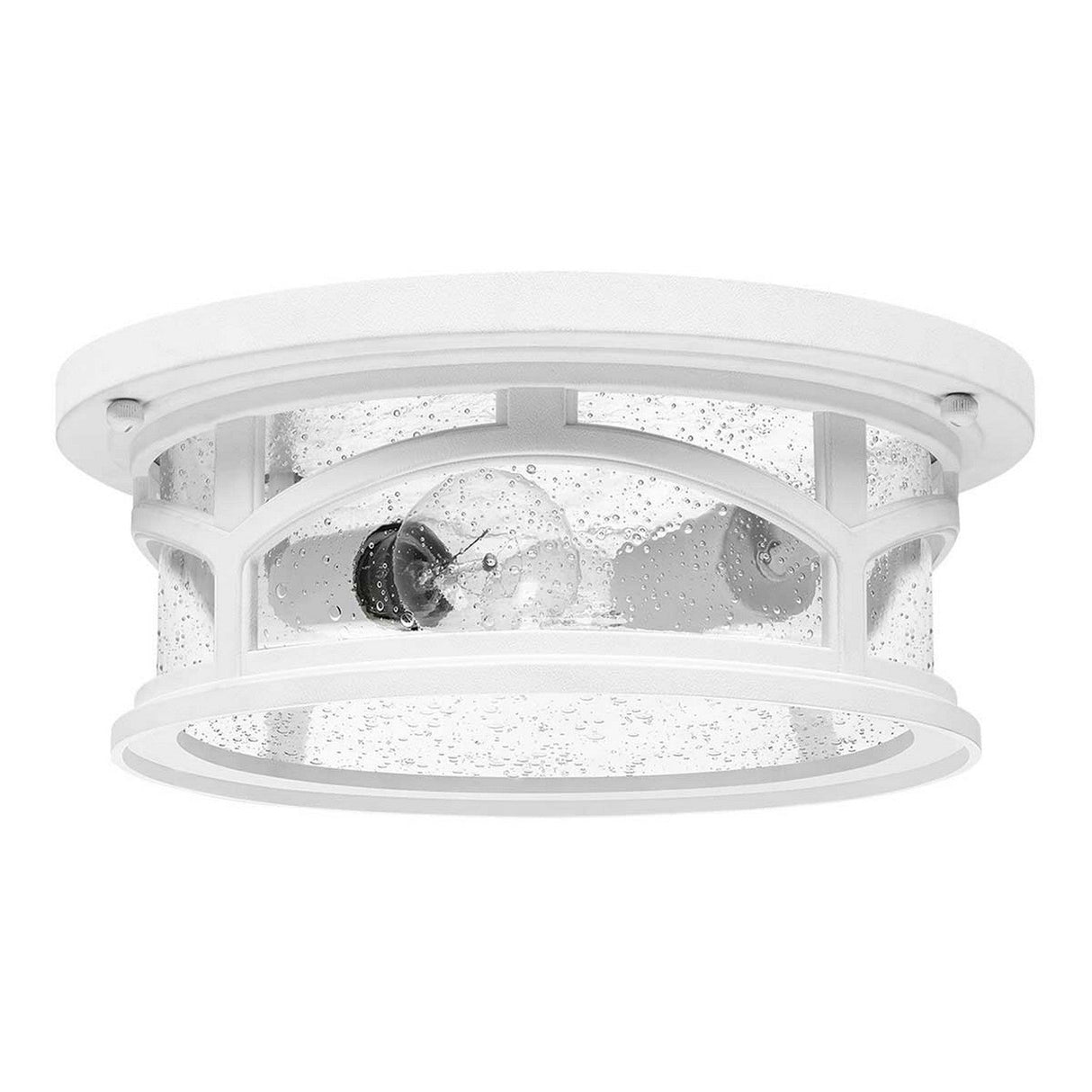 The Marblehead Outdoor 2 Light Flush - White is a circular flush mount fixture ideal for outdoor lighting. It showcases a clear, textured glass shade and accommodates two visible light bulbs. The frame offers a sleek, modern appearance and is weather-resistant for enhanced durability.