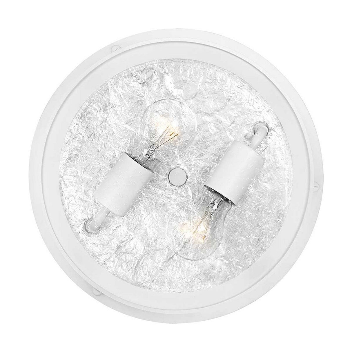 The Marblehead Outdoor 2 Light Flush - White features a sophisticated arrangement of two exposed light bulbs on a textured, reflective base. Its round ceiling design includes a weather-resistant white circular frame, making it ideal for both indoor and outdoor lighting applications.
