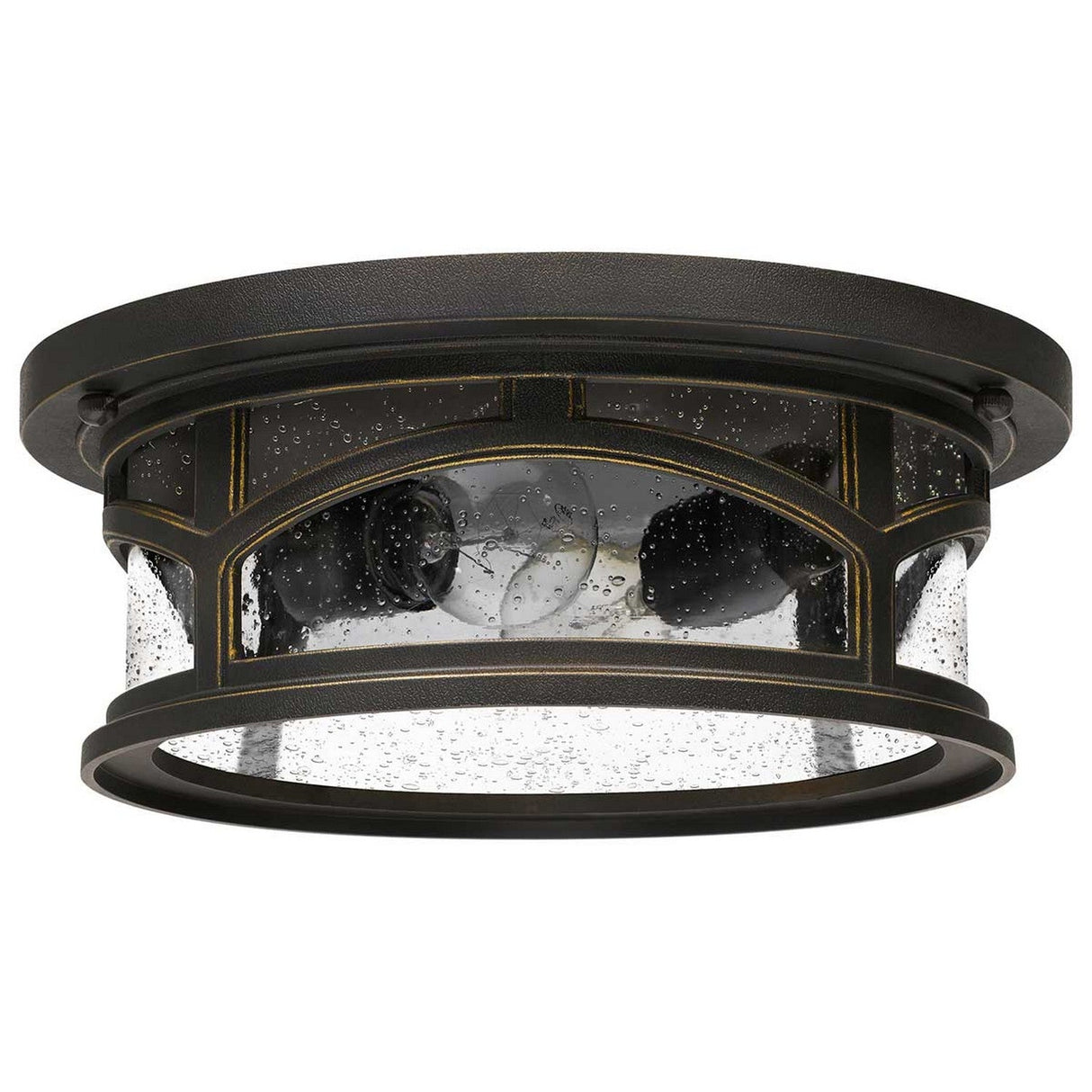 The Marblehead Outdoor 2 Light Flush in Palladian Bronze is a weather-resistant, vintage-style light fixture. This round black iron fixture features two visible bulbs and clear seeded glass panels, accented with decorative Palladian Bronze on the metal frame, making it perfect for porch lighting.