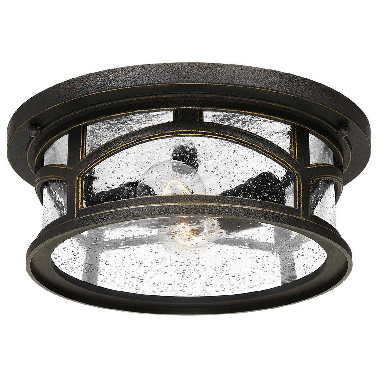 The Marblehead Outdoor 2 Light Flush in Palladian Bronze is a round, flush-mount light fixture designed for outdoor use. It features seeded glass panels with a single visible bulb inside. Its weather-resistant design and bubbled glass texture bring an elegant, vintage charm to any setting.
