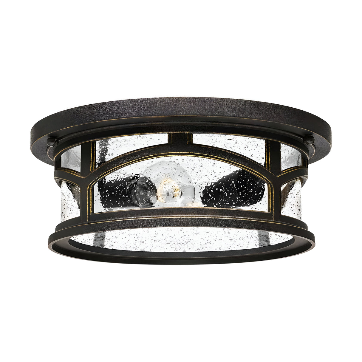 Introducing the Marblehead Outdoor 2 Light Flush in Palladian Bronze, a round flush-mount fixture with a weather-resistant finish. It features clear seeded glass panels and an exposed bulb at its center, enclosed by an elegant geometric metal structure.