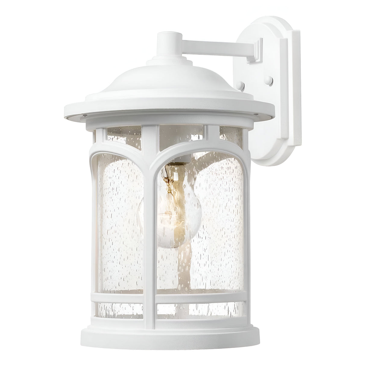 The Marblehead Outdoor 1 Light Medium Wall Lantern in white showcases a classic design with clear seedy glass encasing the visible bulb. It's mounted on a weather-resistant white base plate, making it ideal for exterior home lighting.