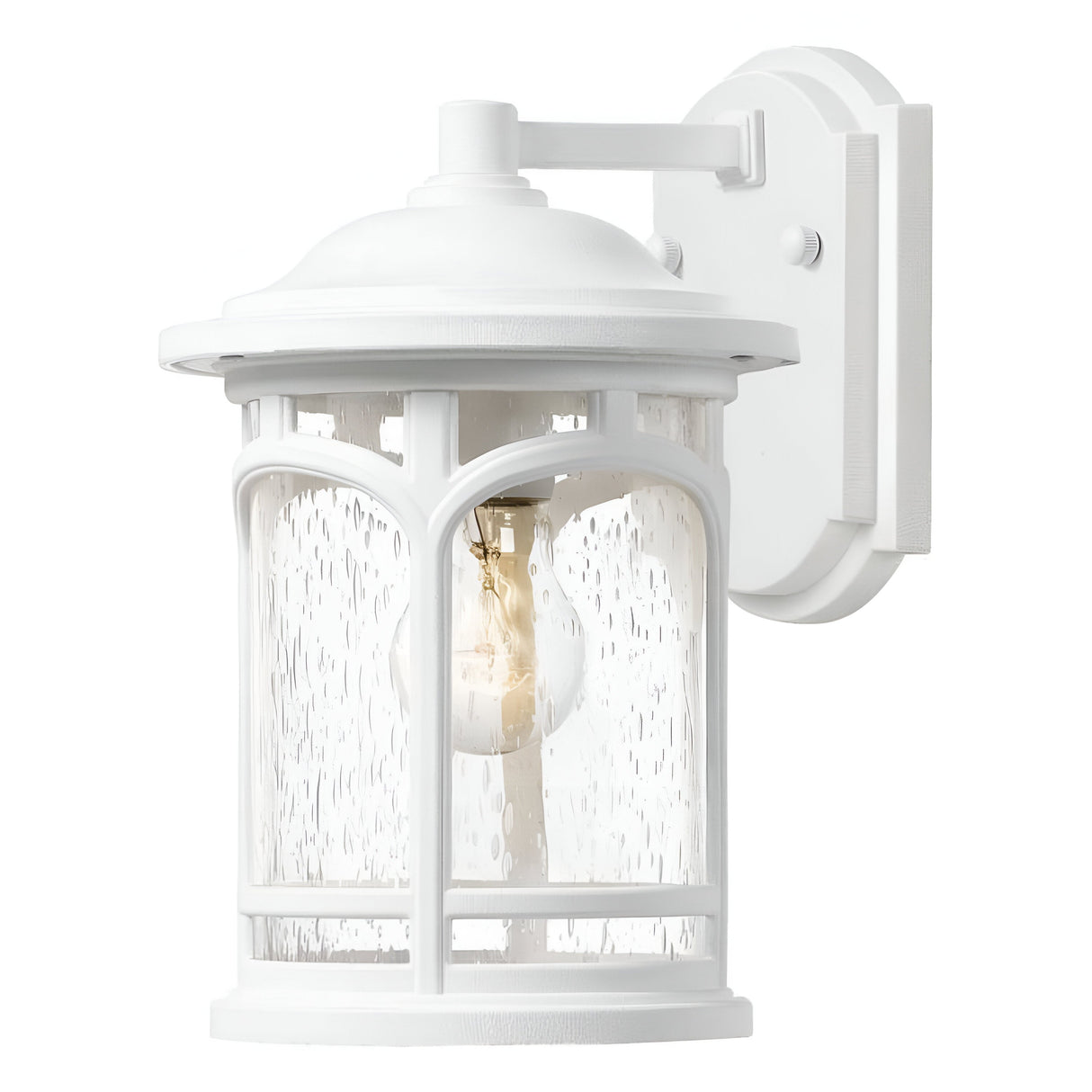 The Marblehead Outdoor 1 Light Small Wall Lantern in white boasts a coastal classic design, complete with a clear, seeded glass enclosure. This weather-resistant lantern features a visible light bulb and is mounted on a rectangular backplate, making it an ideal addition to enhance your outdoor space.