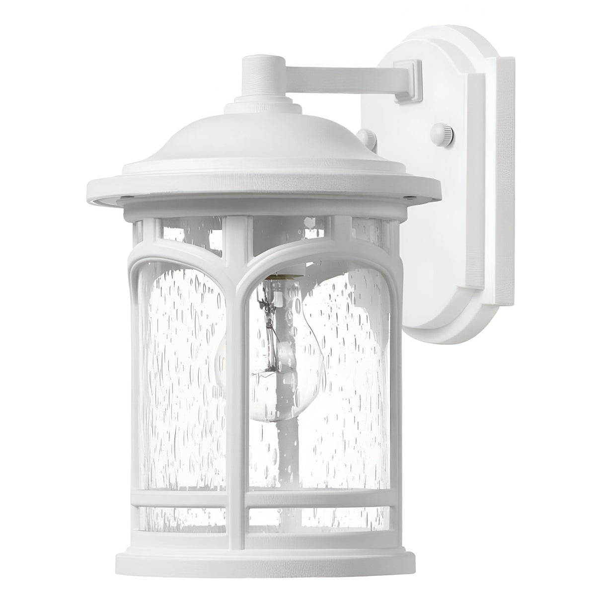 Introducing the Marblehead Outdoor 1 Light Small Wall Lantern in White, this exquisite fixture boasts a traditional design with a textured raindrop pattern on its clear glass cover. Mounted on a rectangular base with a gracefully curved top, it is weather-resistant and ideal for enhancing the aesthetics of coastal exterior lighting.