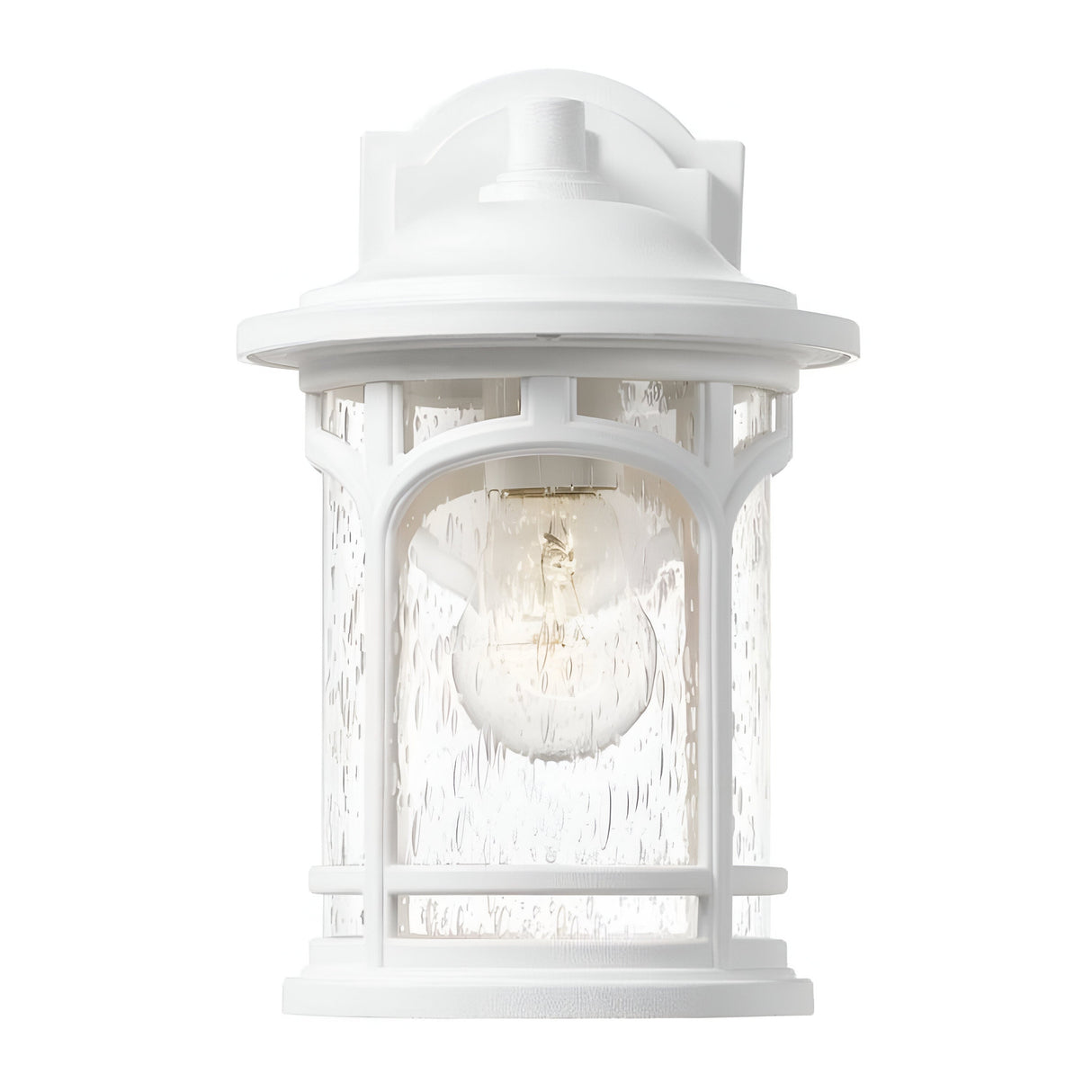 The Marblehead Outdoor 1 Light Small Wall Lantern in white showcases a classic design with a clear, textured glass cylindrical shade and an exposed bulb. This weather-resistant light features decorative framing and a rounded top, making it ideal for enhancing coastal exterior spaces when mounted on a wall.