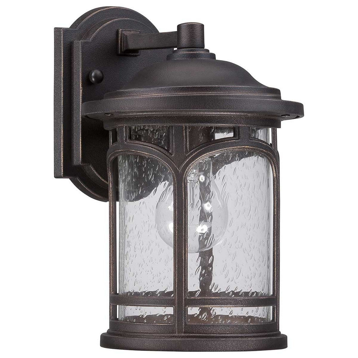 The Marblehead Outdoor 1 Light Small Wall Lantern in Palladian Bronze boasts a timeless appeal with its black metal frame and seedy glass panels. Its visible bulb accentuates the vintage-inspired design, making it an ideal choice for exterior home lighting with an added touch of elegance.