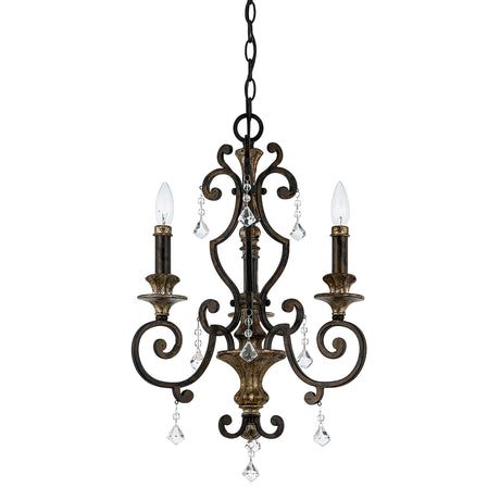 The Marquette 3 Light Chandelier in bronze features a vintage style with three candle-shaped bulbs. Its ornate metal design includes scroll details and crystal drops, adding an elegant touch. The fixture is suspended from a chain, enhancing its timeless charm.