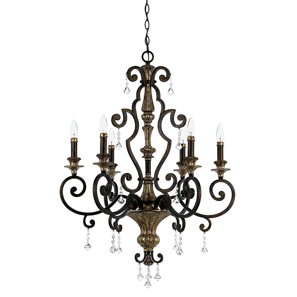 The Marquette-A 6 Light Chandelier in bronze showcases a Victorian-style design with intricate metal scrollwork. It features six candle-shaped lights adorned with delicate crystal drops, all suspended elegantly from a decorative chain.