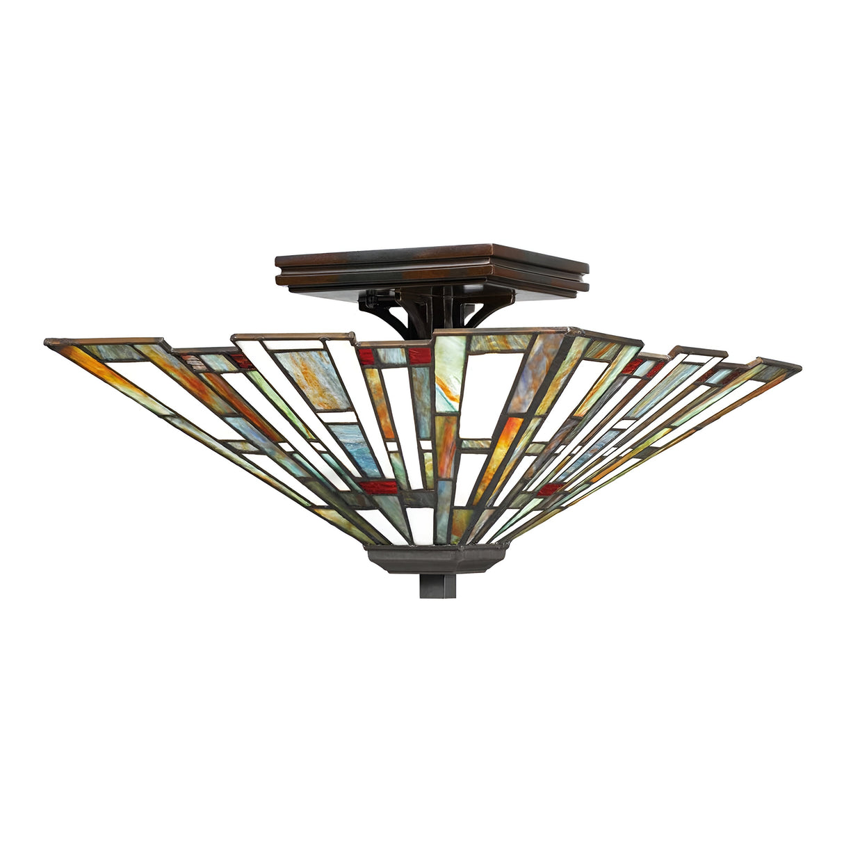 Introducing the Maybeck 2 Light Tiffany Flush - Valiant Bronze, a ceiling light fixture featuring an inverted pyramid shape with a breathtaking glass mosaic of multicolored panels in amber, green, and red tones. The dark metallic base beautifully accentuates its handcrafted artistry.