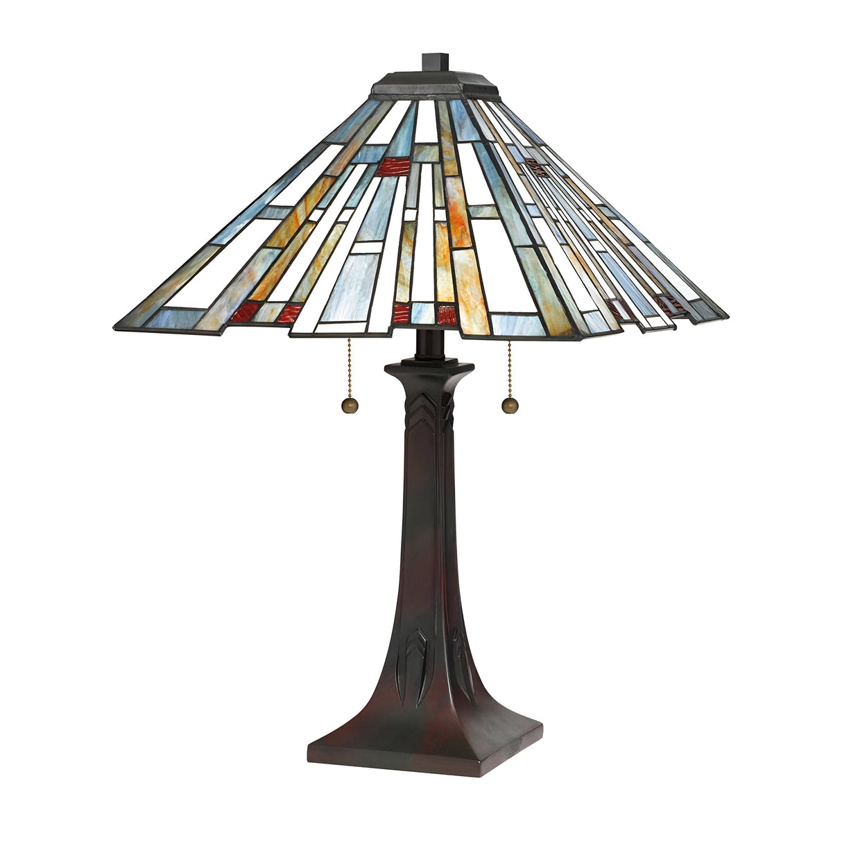Introducing the *Maybeck 2 Light Tiffany Table Lamp - Valiant Bronze*, featuring a stunning stained glass shade adorned with geometric patterns in blue, yellow, red, and white. This lamp is elegantly designed with a valiant bronze stand and convenient pull chains for easy operation.