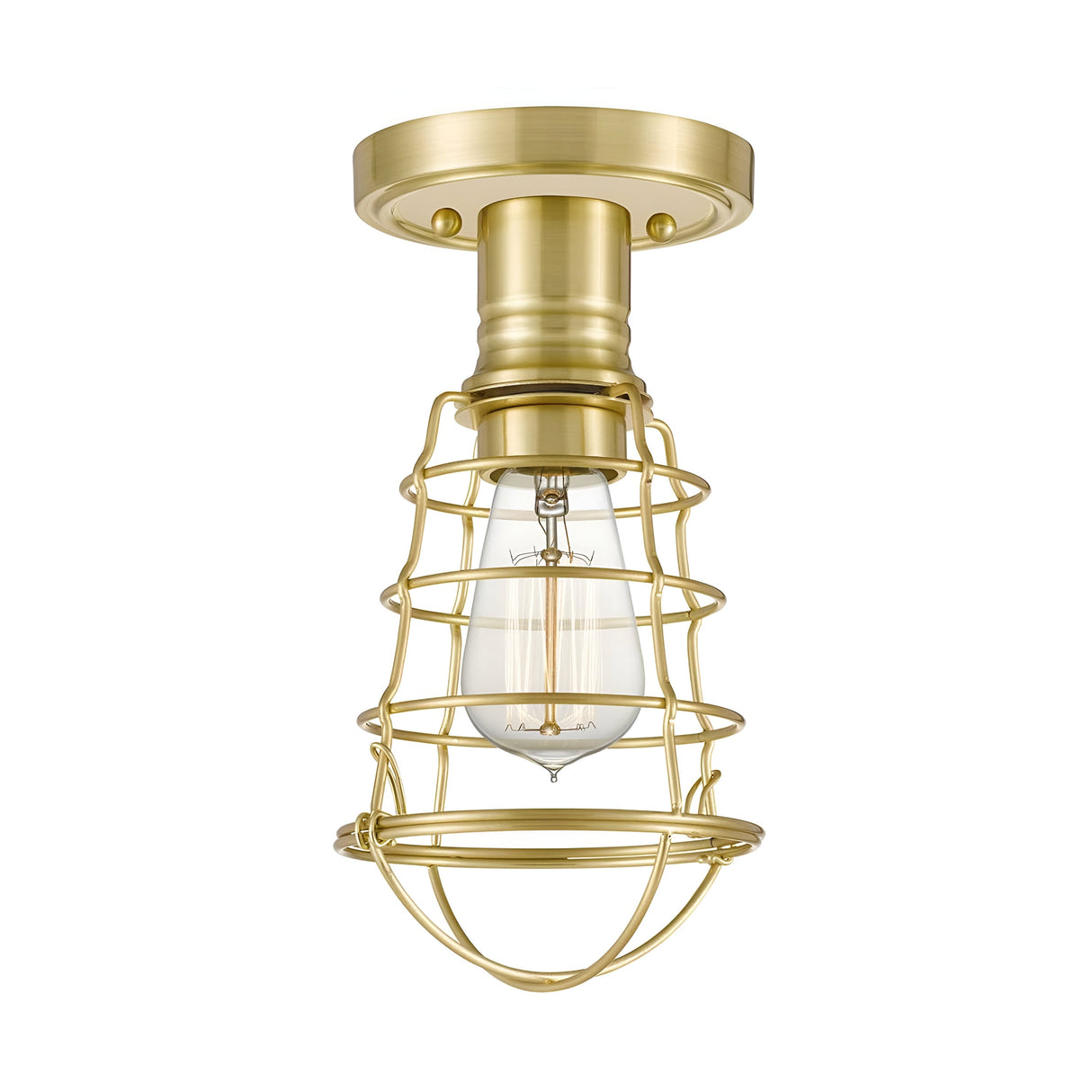 The Mixon 1 Light Semi-Flush - Brushed Brass ceiling light showcases an industrial design with a brushed brass casing and a clear Edison bulb, enclosed in a wire cage. It is gracefully mounted on a matching brass ceiling plate.