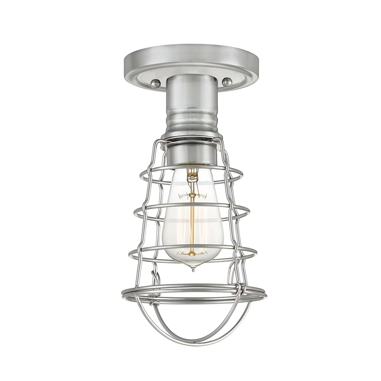 The Mixon 1 Light Semi-Flush in brushed nickel features an industrial-style metal cage design with a visible light bulb, creating a vintage look. It is mounted on a round ceiling base.