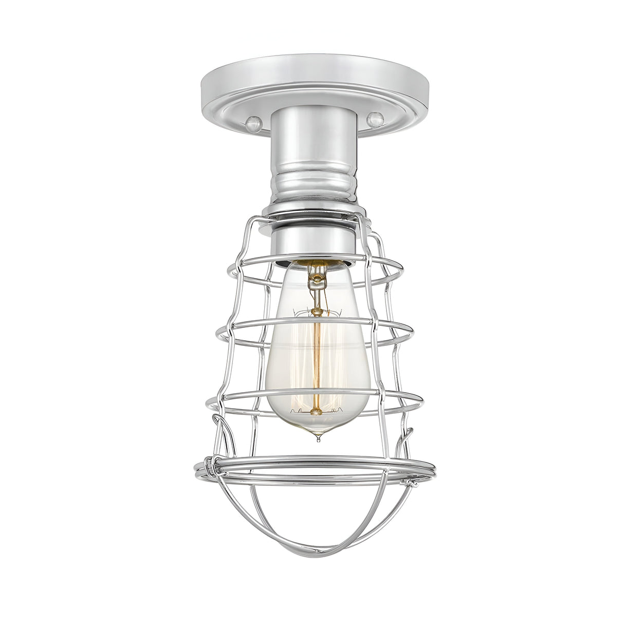 The Mixon 1 Light Semi-Flush in Polished Chrome is a vintage industrial-style ceiling light fixture featuring an exposed bulb enclosed within a metal wire cage. Its polished chrome finish adds to the fixture's sleek aesthetic, and a clear glass bulb sits inside the cage for a semi-flush mount appeal.