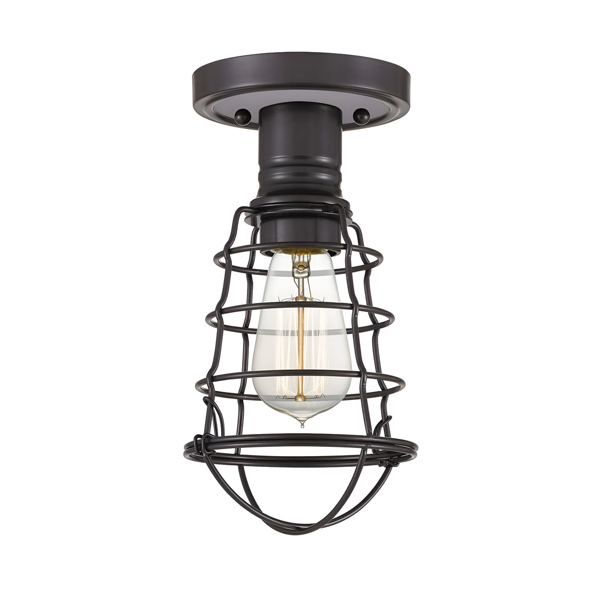 The Mixon 1 Light Semi-Flush in Palladian Bronze offers industrial appeal with an exposed filament-style bulb encased in a black metal cage, mounted on a round base to add a stylish touch to any space.