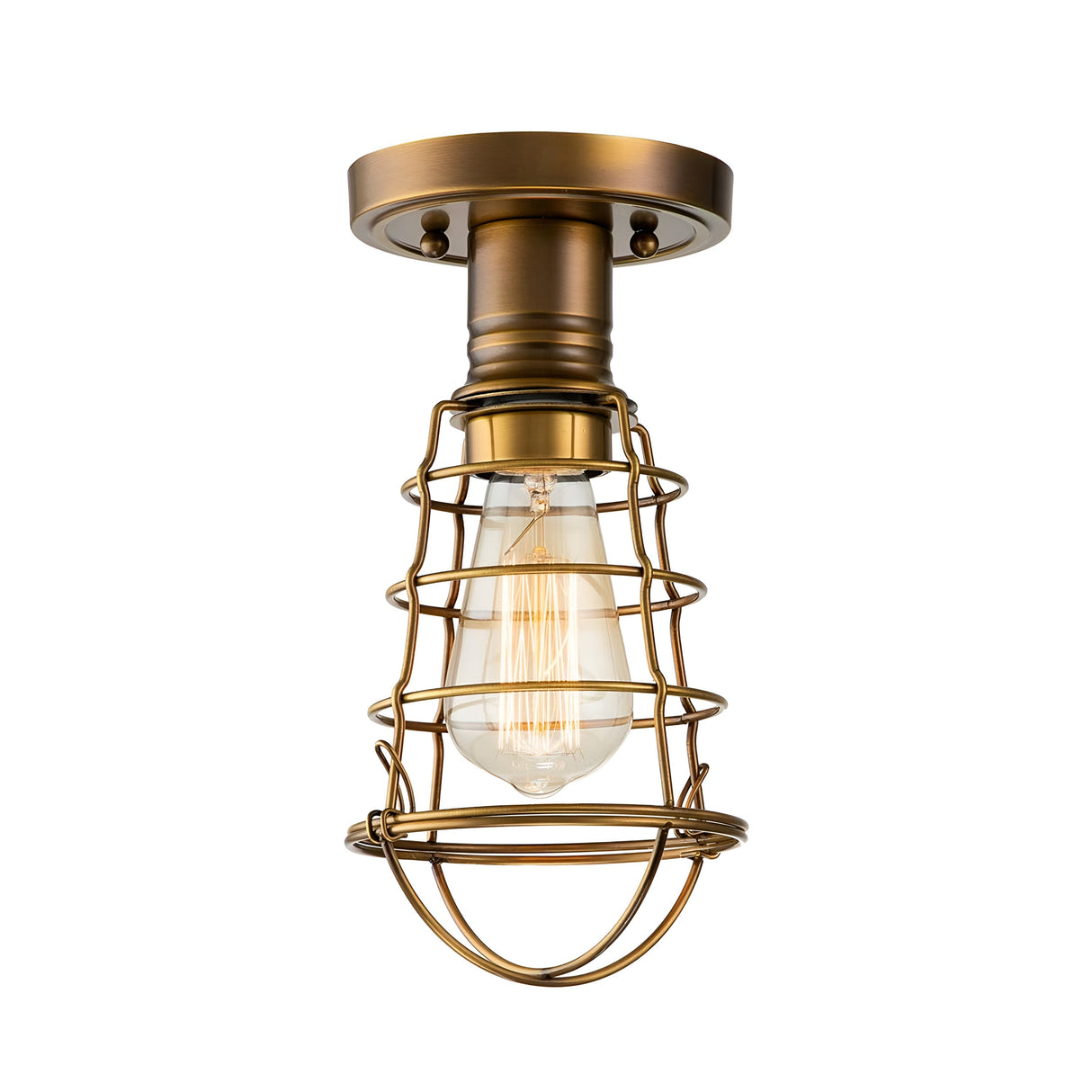 The Mixon 1 Light Semi-Flush in Weathered Brass showcases a vintage-inspired lighting fixture with a stunning blend of industrial and classic elements. It features an exposed Edison bulb encased in a weathered brass cage, all mounted on a round base for an inviting, antique appearance.