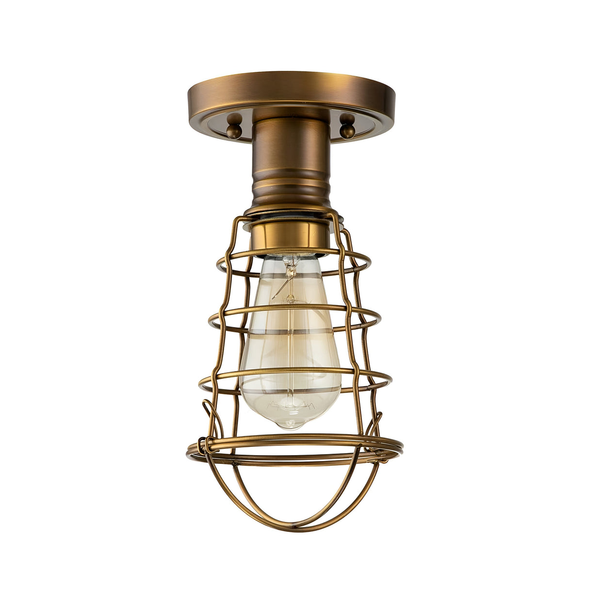 The Mixon 1 Light Semi-Flush in weathered brass features a vintage design with an exposed bulb encased in a decorative wire cage. This fixture's industrial character is highlighted by its weathered finish, all elegantly mounted on a round metal base for extra charm.