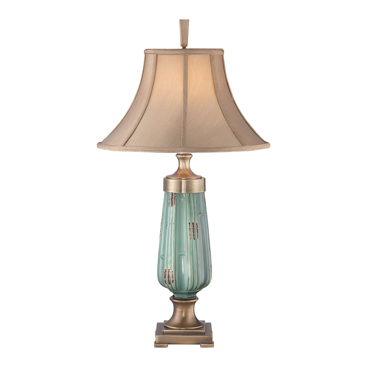 Presenting the Monteverde 1 Light Table Lamp - Green/Aged Brass, a decorative table piece with a beige bell-shaped shade and a textured teal ceramic base complemented by an aged brass finish. Gold accents and a square brass base seamlessly merge classic and contemporary design elements.