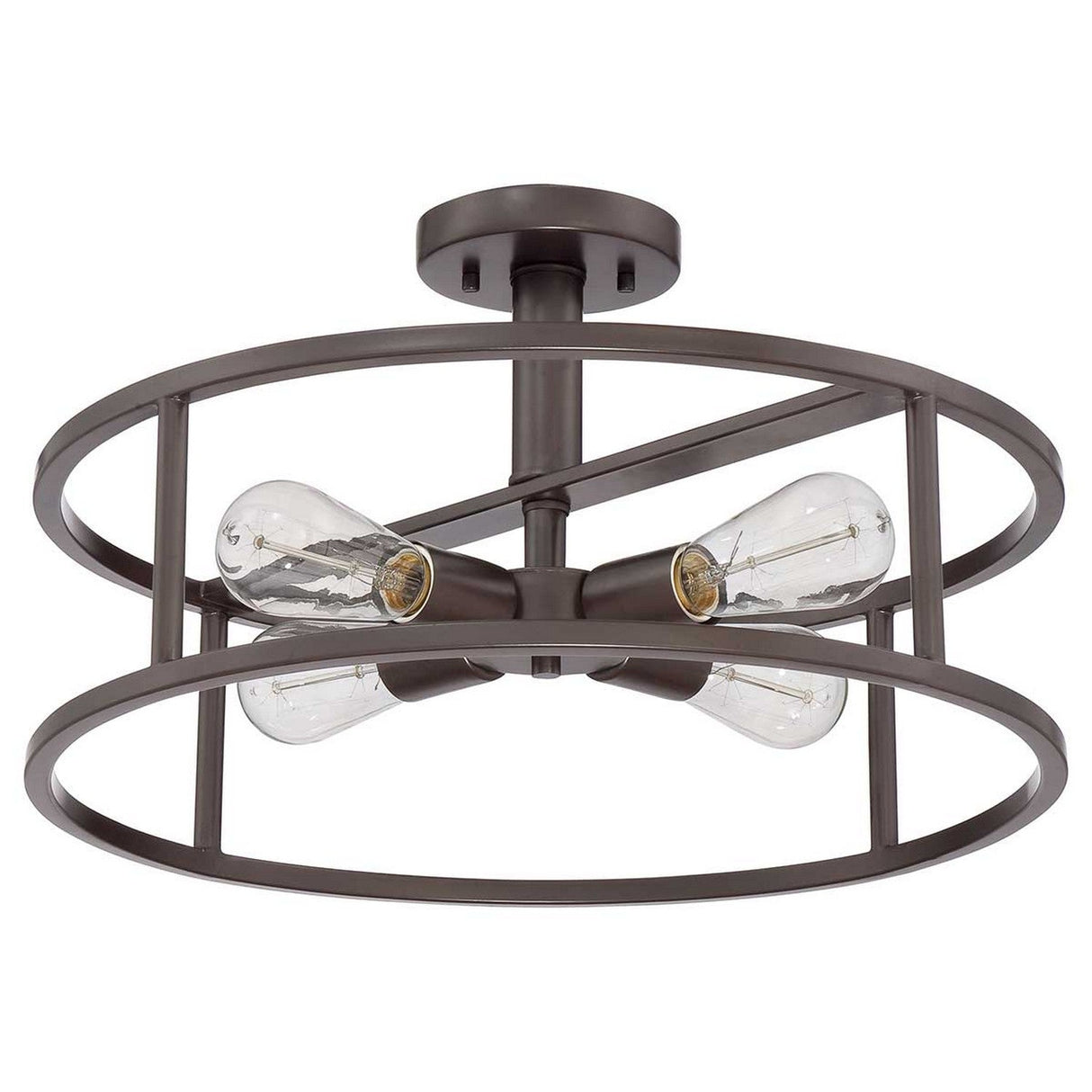 Introducing the New Harbor 4 Light Semi-Flush in Western Bronze, a contemporary ceiling light fixture. It showcases an open metal frame with a Western Bronze finish and features two exposed Victorian Edison-style bulbs. The design incorporates intersecting rings, offering a geometric and industrial lighting appearance.