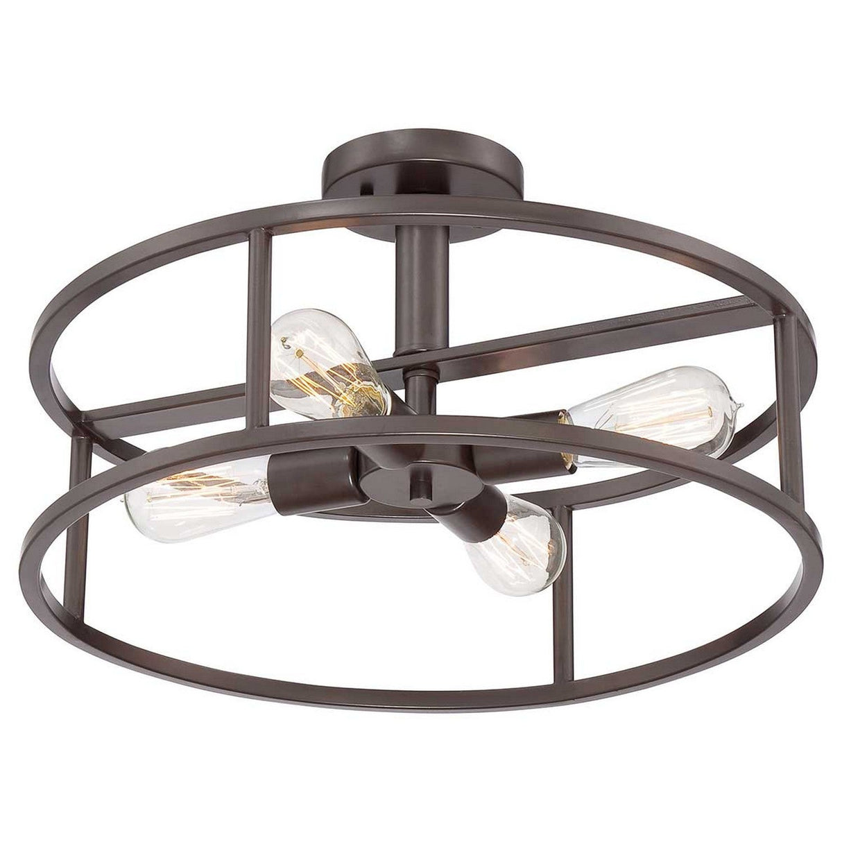 Introducing the New Harbor 4 Light Semi-Flush in Western Bronze, a contemporary ceiling light fixture featuring a circular metal frame. It showcases four exposed Victorian Edison-style bulbs, arranged in an innovative geometric design for an industrial yet sophisticated appearance.