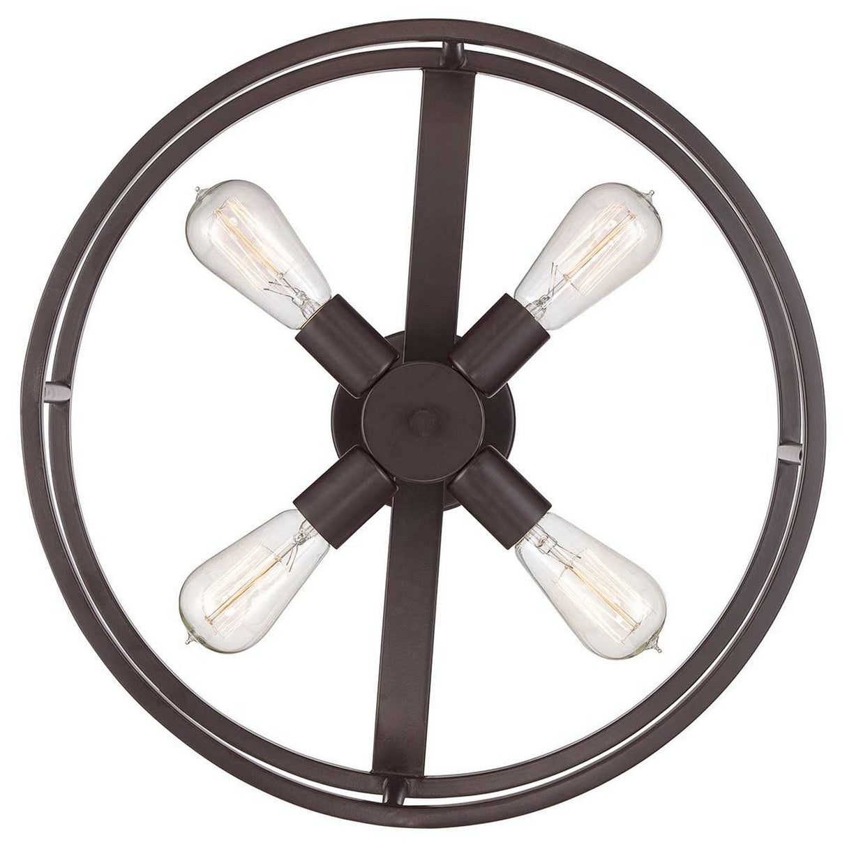 The New Harbor 4 Light Semi-Flush in Western Bronze showcases a sleek and industrial design with four Victorian Edison-style bulbs arranged in a cross pattern inside a circular metallic frame.