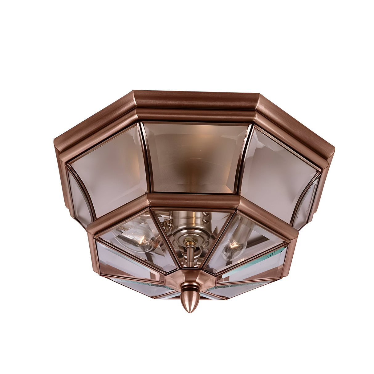The Newbury Outdoor 3 Light Flush in Lacquered Aged Copper showcases a bronze finish with an octagonal geometric design, featuring both frosted and clear glass panels. This fixture accommodates a central bulb and displays intricate detailing, adding a classic touch to interior decor.
