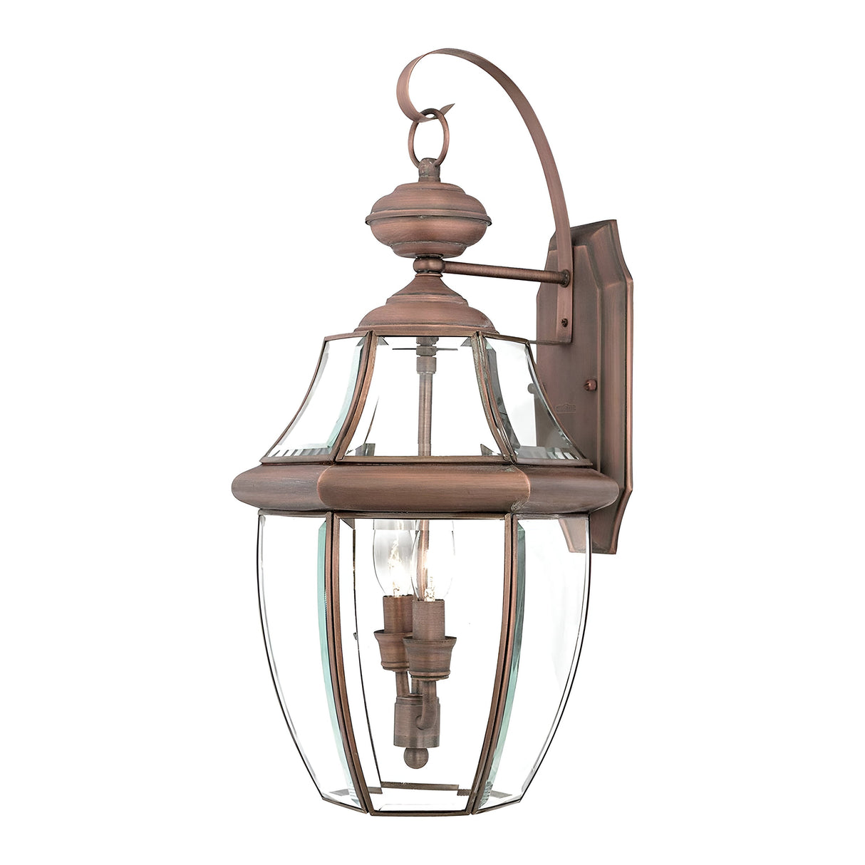 The Newbury Outdoor 2 Light Large Wall Lantern, with its lacquered aged copper finish, features clear beveled glass and a candle-style bulb. It includes a decorative arm and wall mount, bringing a classic touch to exterior lighting.