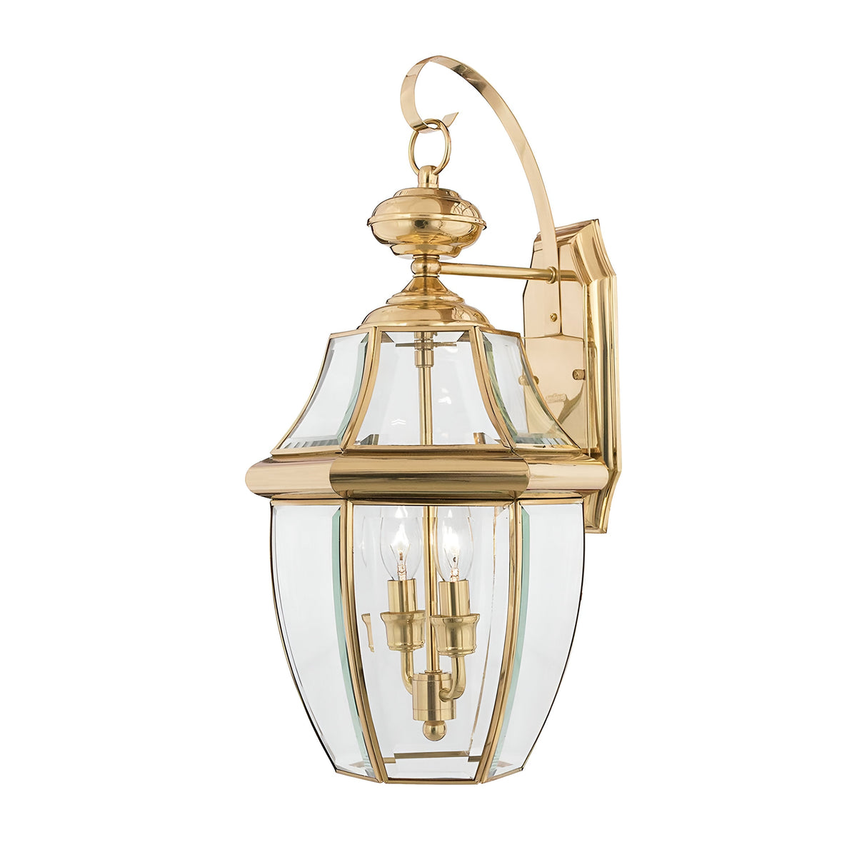 A decorative Newbury Outdoor 2 Light Large Wall Lantern in lacquered polished brass, featuring clear beveled glass paneled design and a traditional style. It includes two candle-like bulb holders inside and an elegant curved arm for mounting, making it the perfect outdoor wall lantern.
